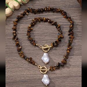 BRAND NEW ** Brown Eye Of Tiger Jewelry Set with Baroque Pearl Accents
